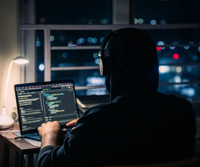 Developer coding on a laptop at night