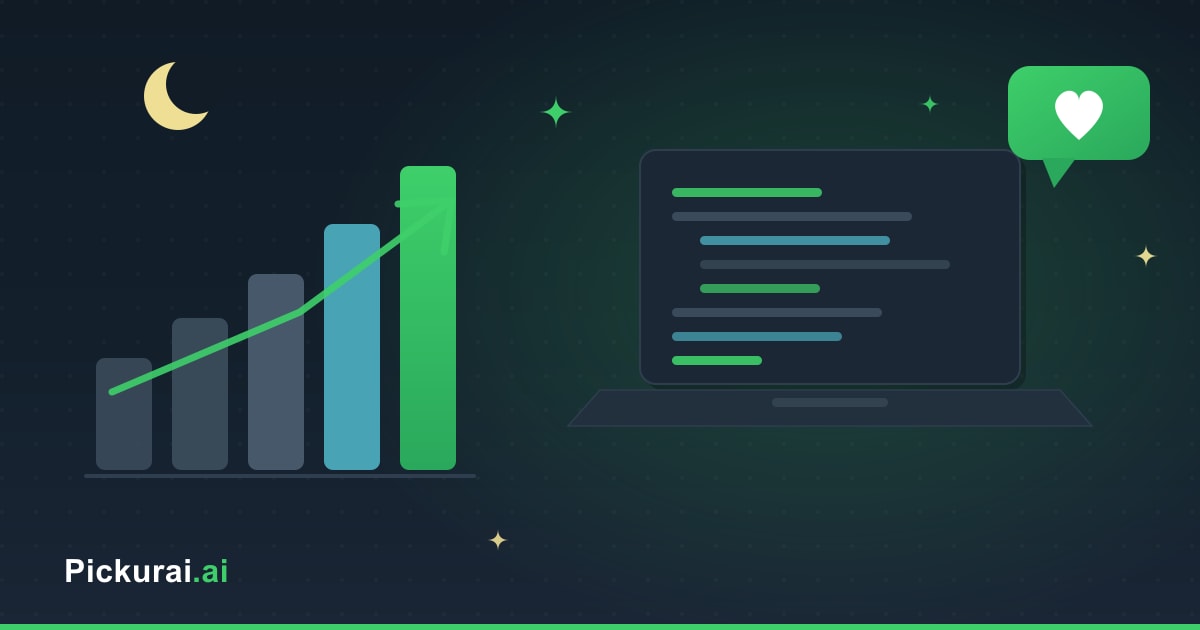 Hours climbing on a bar chart next to a laptop still on late at night, with a chat bubble and a heart — AI makes us work more, not less