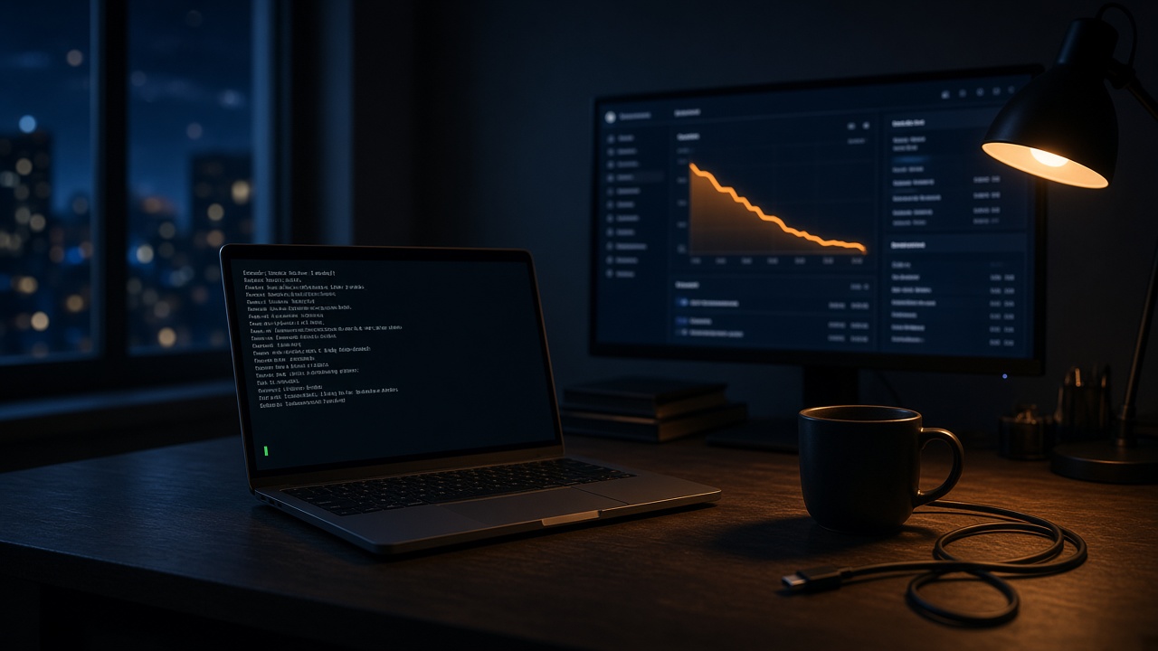 Night desk with a laptop and a cost curve on a second screen — DeepSeek V4.1 Flash API pricing, September 2026