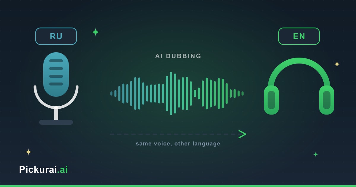 A studio microphone tagged RU on the left, headphones tagged EN on the right, and a waveform crossing between them — AI dubbing keeping the same voice in another language