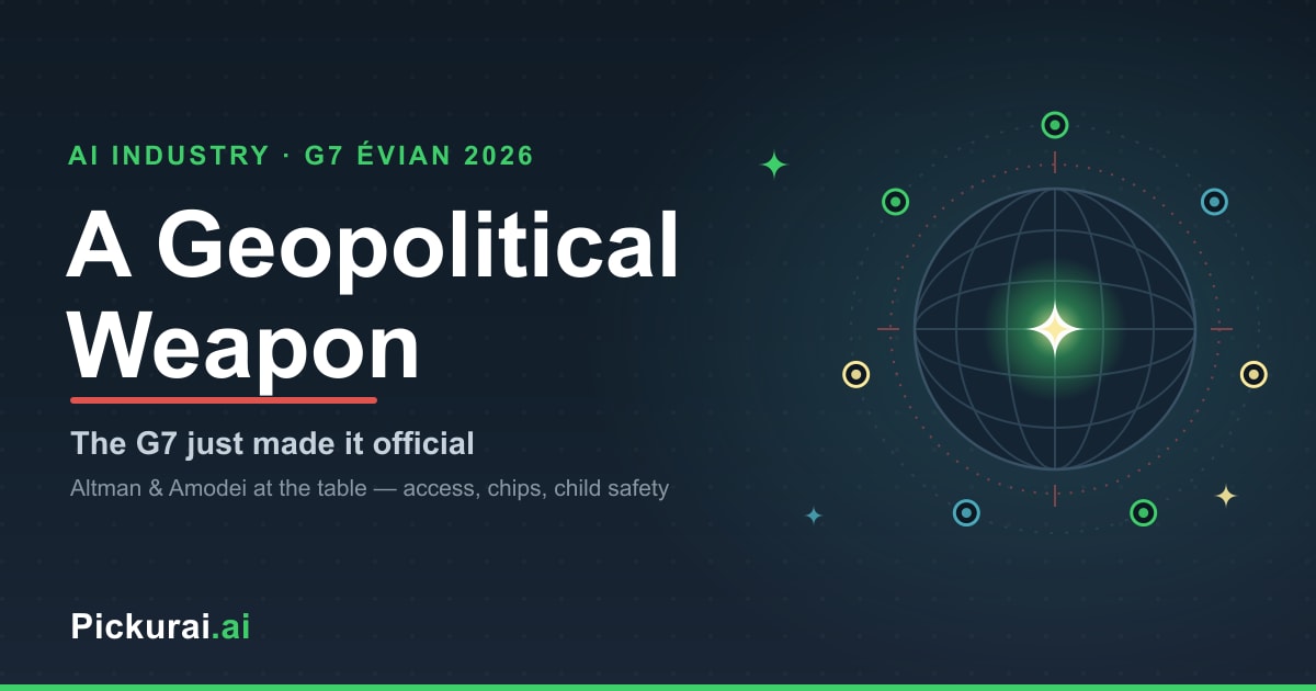 A globe ringed by an orbit of G7 seats with a glowing AI core at its centre under a crosshair — AI as a geopolitical weapon at the G7 summit in Évian