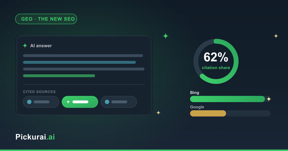 A GEO visibility dashboard: an AI answer with cited sources, one highlighted as your page, a 62% citation-share ring, and Bing's visibility bar pulling ahead of Google's