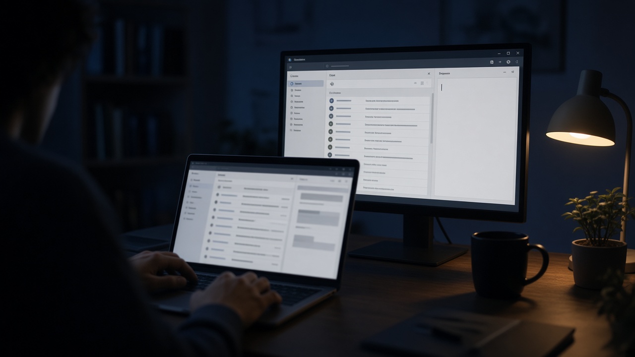 A person watching an email client on a laptop and on a second monitor in a dark office