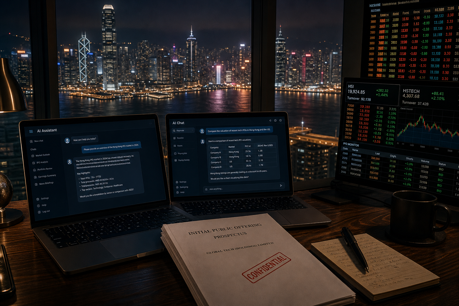 Hong Kong harbour at night with laptops and an IPO prospectus on a desk — Moonshot's Kimi pre-IPO compared with other LLM listings