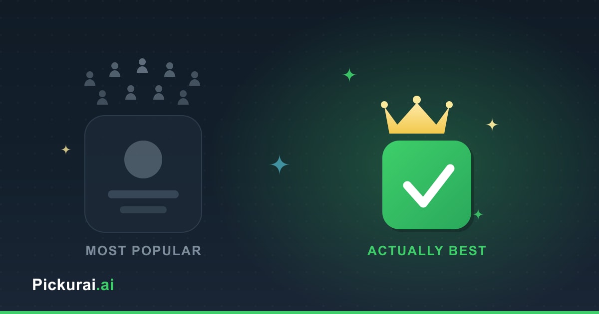 A large, muted 'most popular' AI tile surrounded by a crowd next to a smaller, glowing green 'actually best' tile wearing a crown