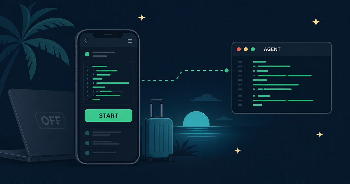 A phone starting a cloud agent on holiday, a suitcase, and the laptop left behind