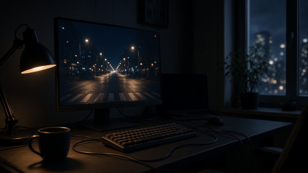 A dark editing desk at night with a paused city-street clip on one monitor and a second screen gone black — Sora 2 API sunset, September 24 2026