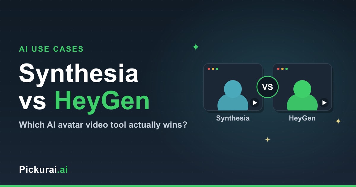 Two AI avatar video frames facing off — Synthesia versus HeyGen