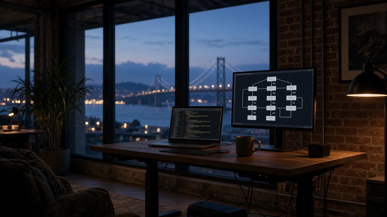 San Francisco loft desk with a laptop and a yes/no decision flowchart — Jev and TypeSafe AI, September 2026